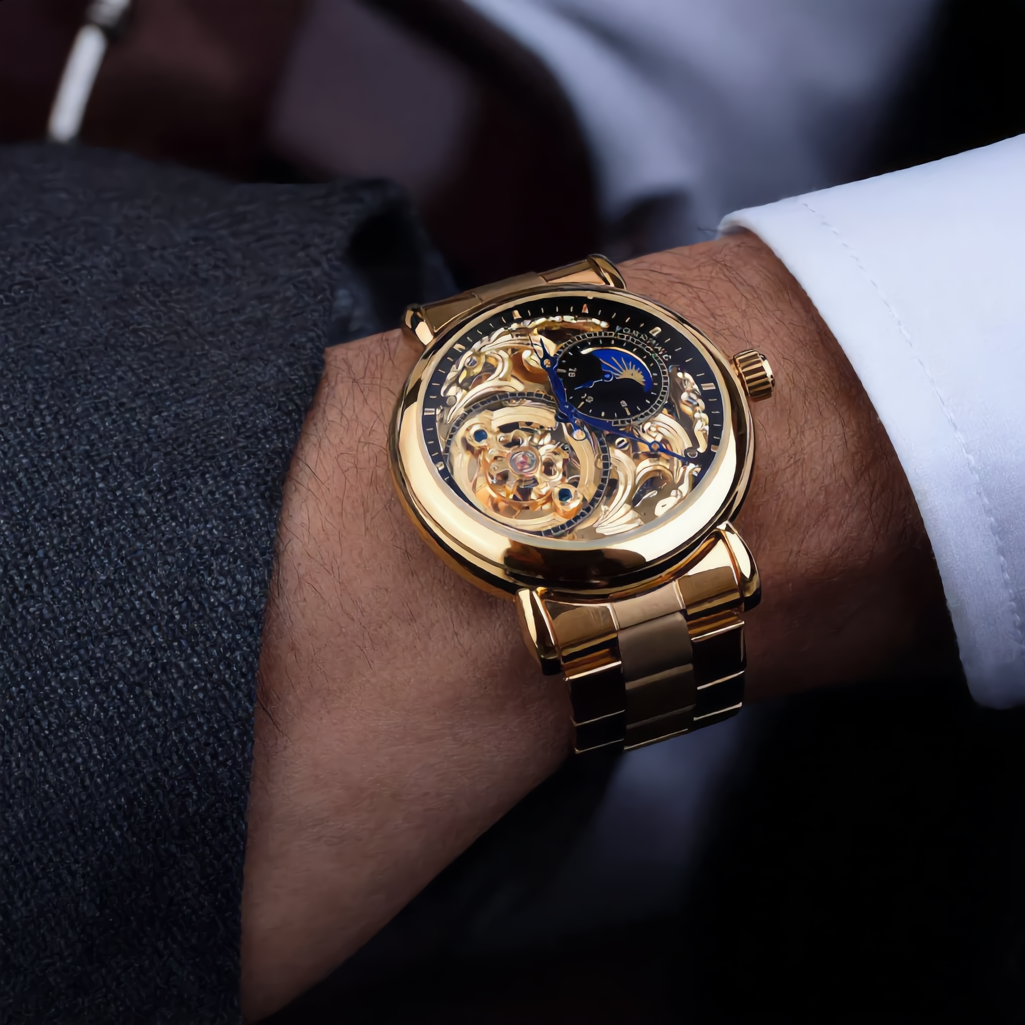 ANDALUS Tourbillon Moon Phase Watch — Automatic Mechanical Skeleton Luxury Timepiece for Men