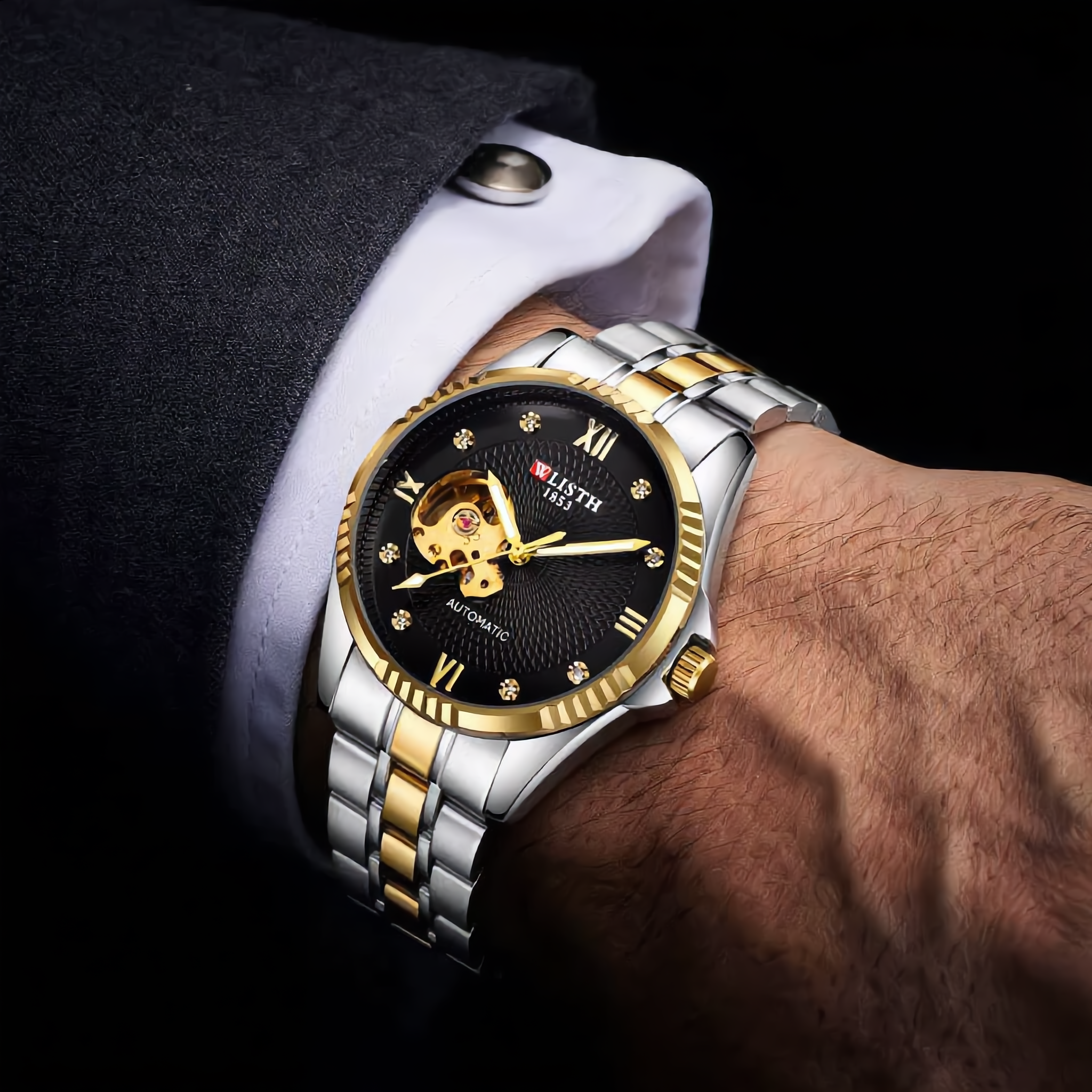 ANDALUS Men's Automatic Skeleton Watch — Diamond-Set Luxury Timepiece
