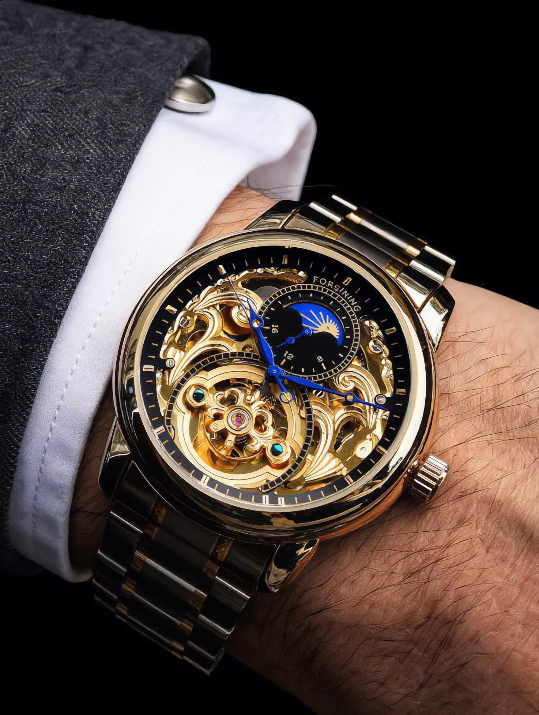 ANDALUS Tourbillon Moon Phase Watch — Automatic Mechanical Skeleton Luxury Timepiece for Men