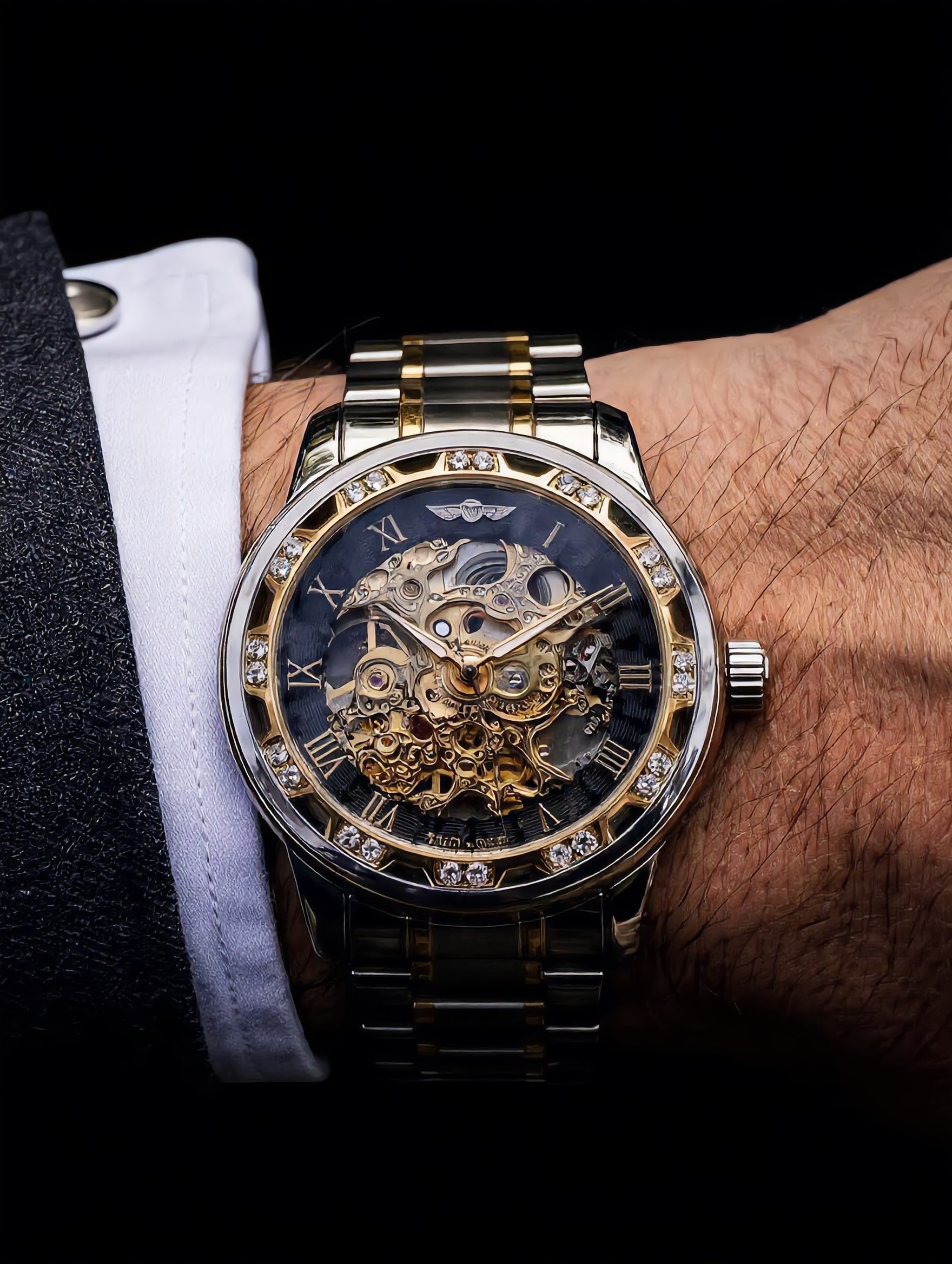 ANDALUS Men's Classic Skeleton Watch — Roman Numeral Transparent Mechanical Timepiece